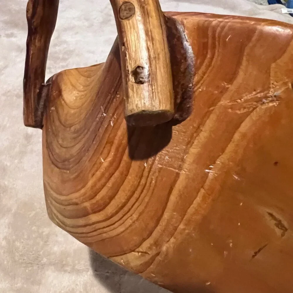 Hand Carved Burl Wood Handled Bowl/ Basket Rustic Exotic Resort Bread Fruit Trin